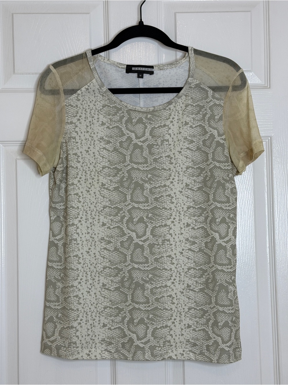 Anatomie Snake Print Stretch Travel Top Mesh Sleeve Neutral Tee Medium